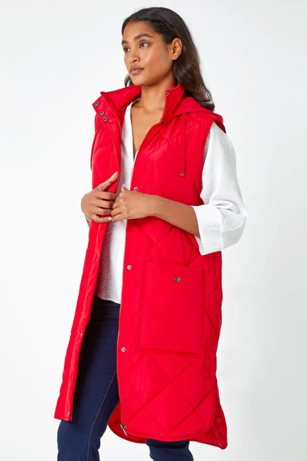 Red Diamond Quilted Longline Gilet Women Roman Coats