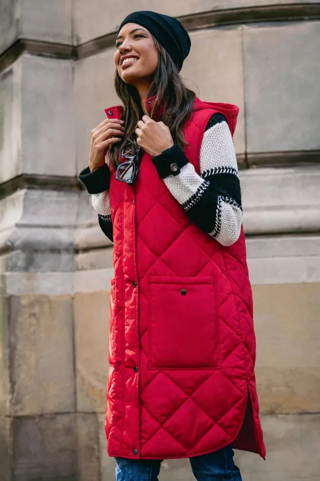 Red Diamond Quilted Longline Gilet Women Roman Coats