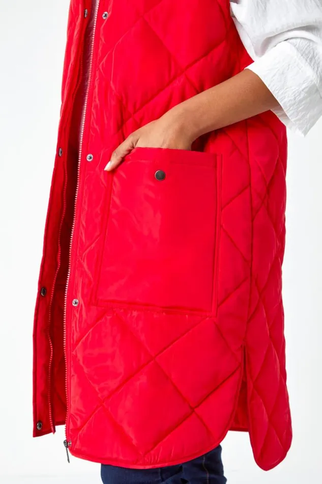 Red Diamond Quilted Longline Gilet Women Roman Coats