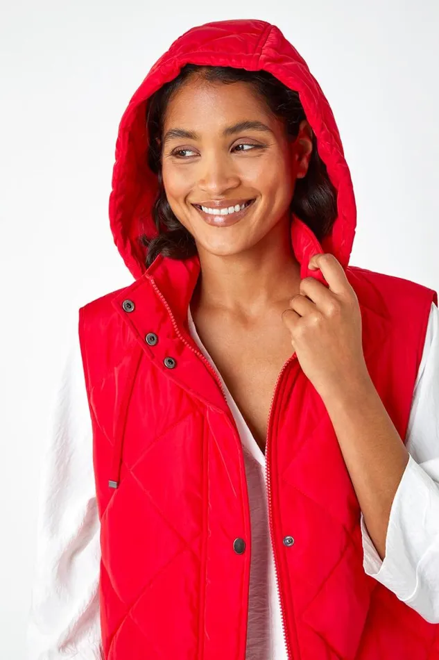 Red Diamond Quilted Longline Gilet Women Roman Coats