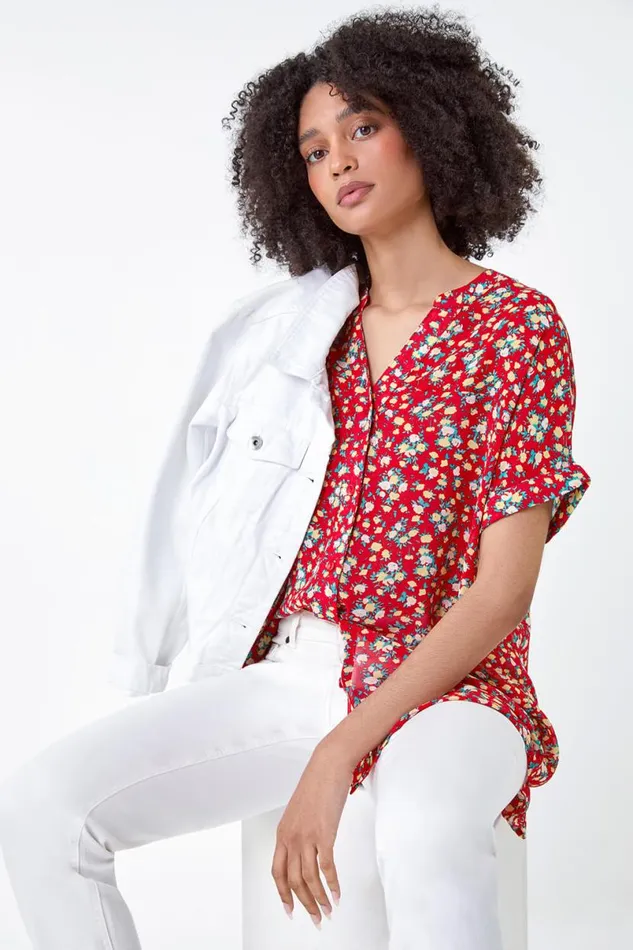 Red Ditsy Floral Button Through Top Women Roman Tops