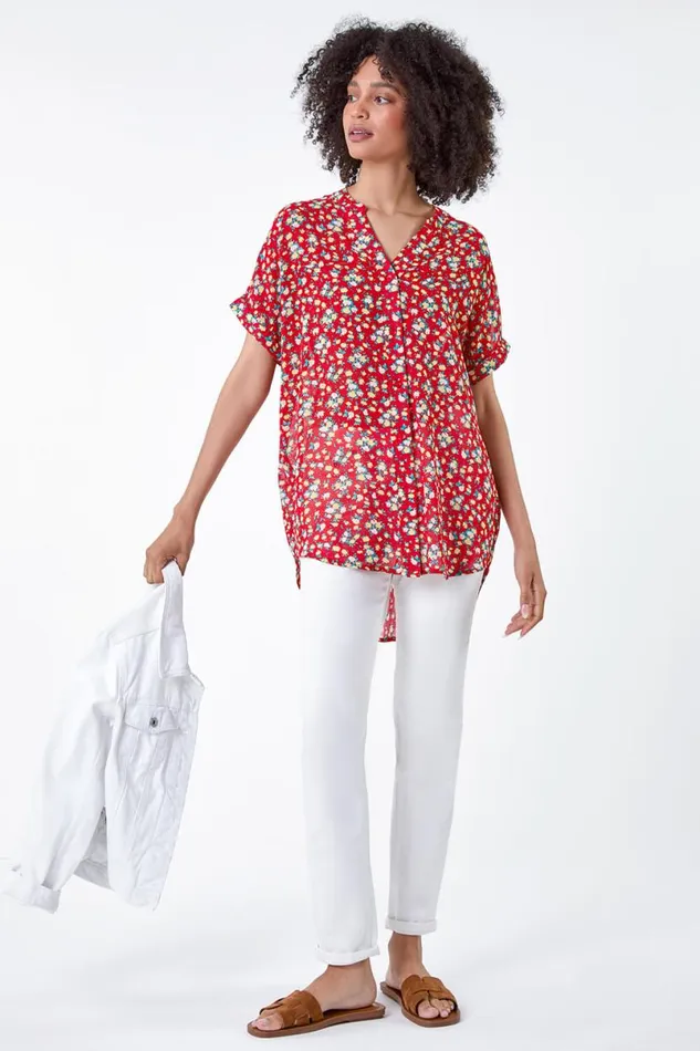 Red Ditsy Floral Button Through Top Women Roman Tops