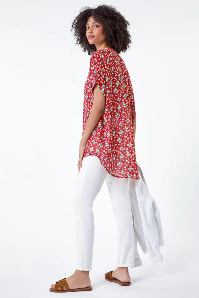 Red Ditsy Floral Button Through Top Women Roman Tops