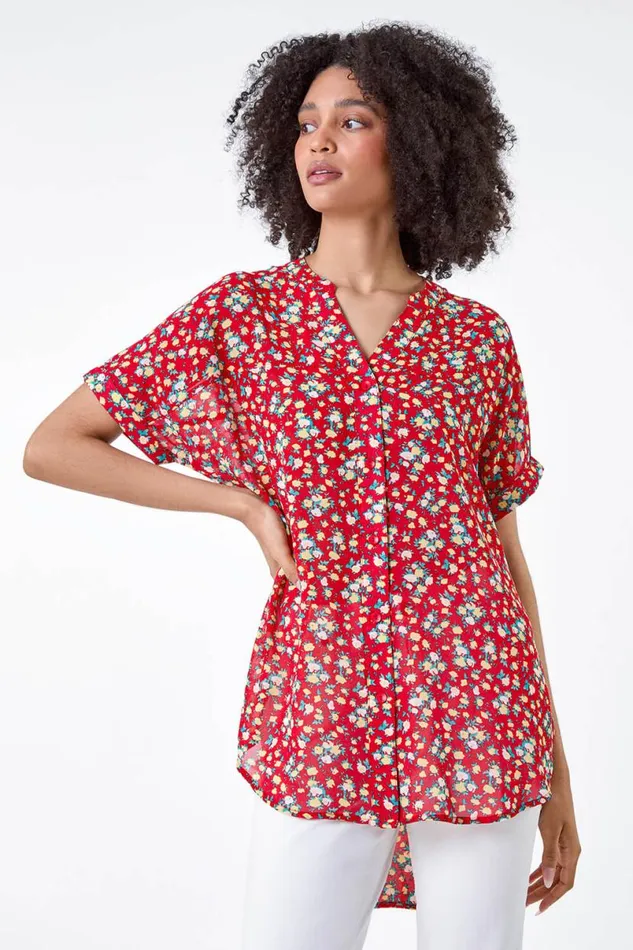 Red Ditsy Floral Button Through Top Women Roman Tops