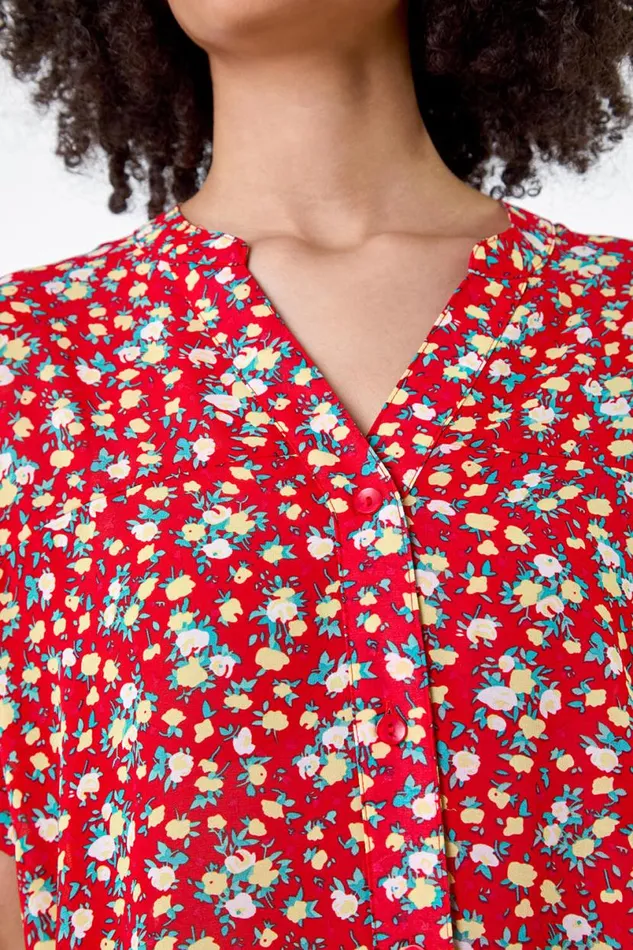 Red Ditsy Floral Button Through Top Women Roman Tops
