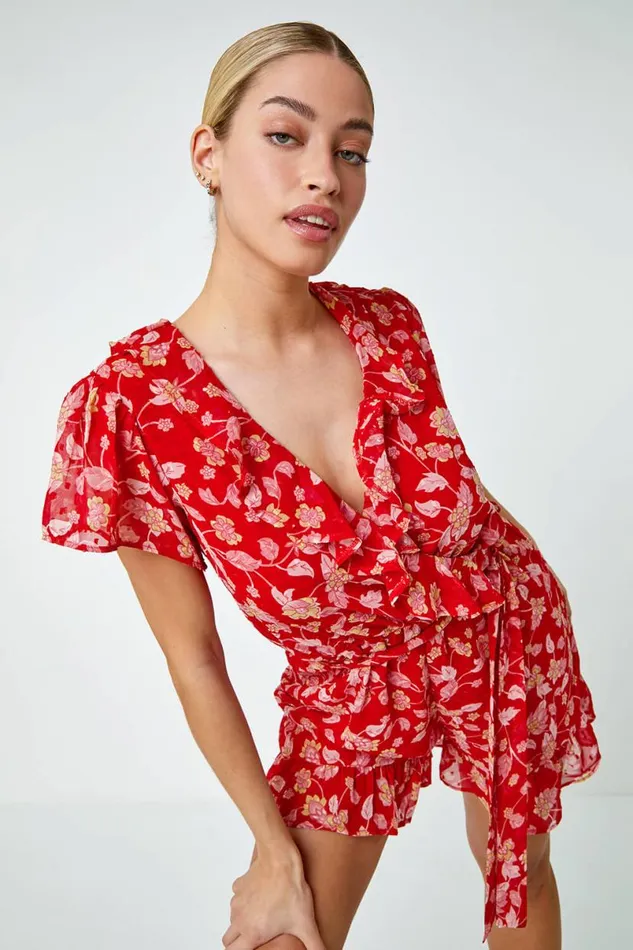 Red Floral Frill Wrap Playsuit Women Roman Dresses
