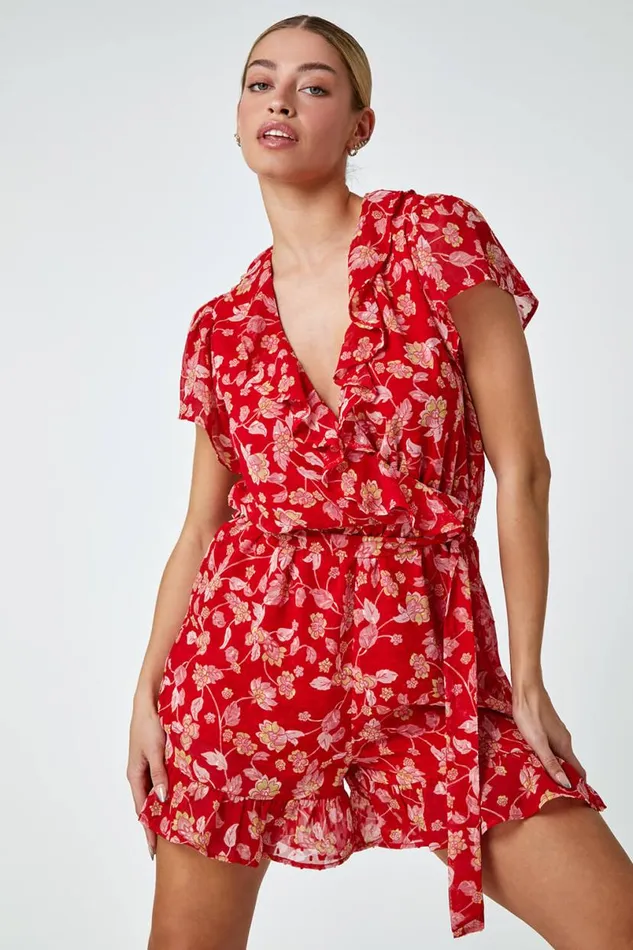 Red Floral Frill Wrap Playsuit Women Roman Dresses
