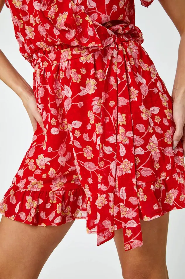Red Floral Frill Wrap Playsuit Women Roman Dresses