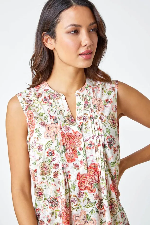 Red Floral Pintuck Detail Stretch Top Women Roman Tops