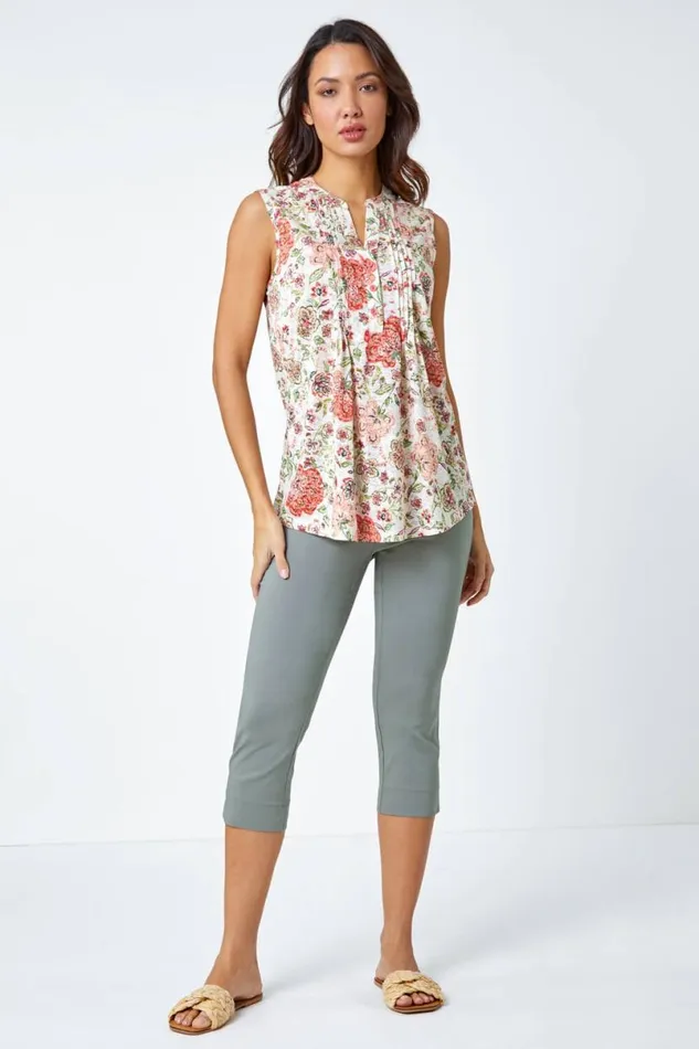Red Floral Pintuck Detail Stretch Top Women Roman Tops