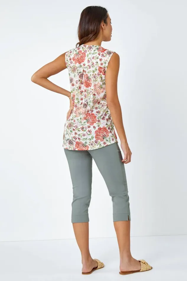 Red Floral Pintuck Detail Stretch Top Women Roman Tops