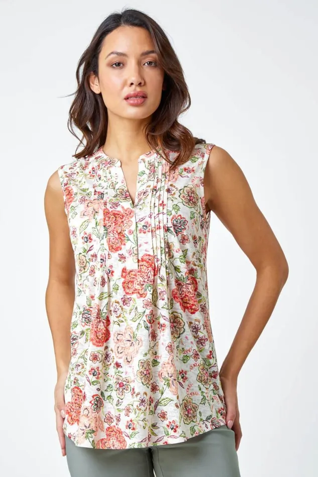 Red Floral Pintuck Detail Stretch Top Women Roman Tops