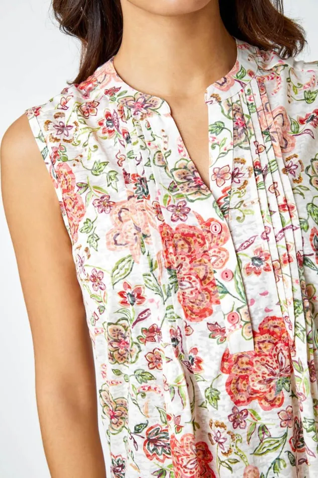 Red Floral Pintuck Detail Stretch Top Women Roman Tops