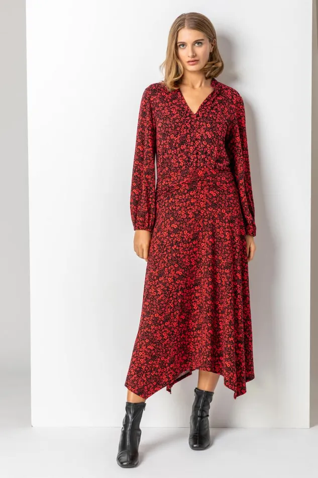 Red Floral Print Pleat Detail Midi Dress Women Roman Dresses