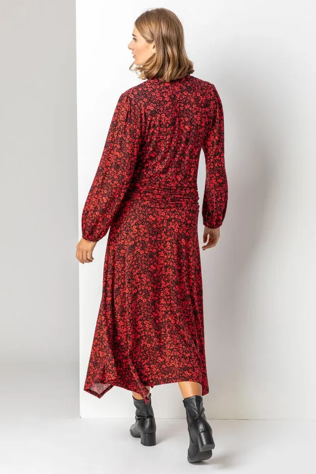 Red Floral Print Pleat Detail Midi Dress Women Roman Dresses