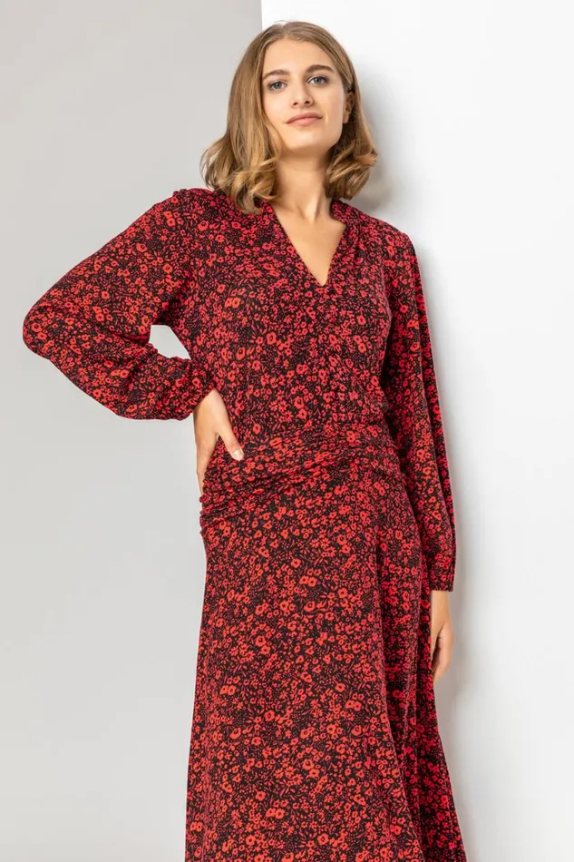 Red Floral Print Pleat Detail Midi Dress Women Roman Dresses