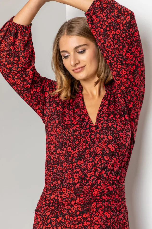 Red Floral Print Pleat Detail Midi Dress Women Roman Dresses