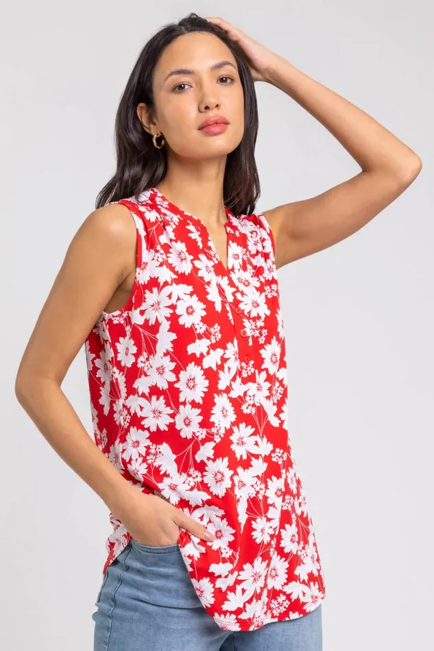 Red Floral Puff Print Notch Neck Top Women Roman Tops