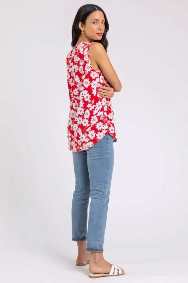 Red Floral Puff Print Notch Neck Top Women Roman Tops