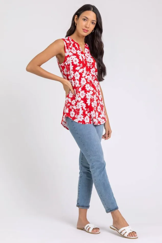 Red Floral Puff Print Notch Neck Top Women Roman Tops