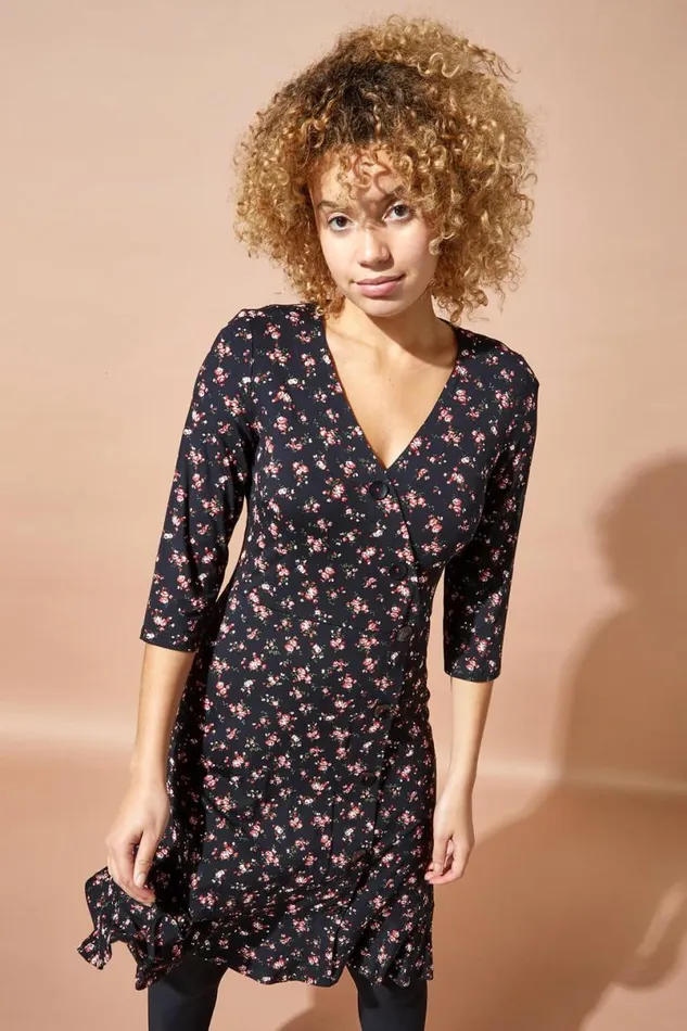 Red Floral Side Button Fit and Flare Tea Dress Women Roman Dresses