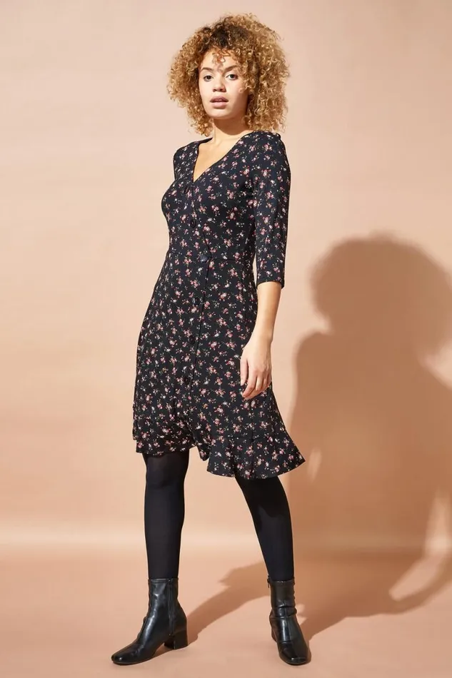 Red Floral Side Button Fit and Flare Tea Dress Women Roman Dresses