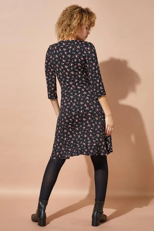Red Floral Side Button Fit and Flare Tea Dress Women Roman Dresses