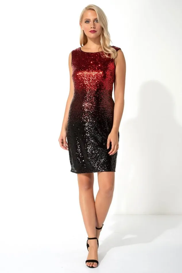 Red Ombre Sequin Embellished Mini Dress Women Roman Dresses