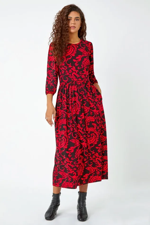Red Paisley Print Pocket Midi Stretch Dress Women Roman Dresses