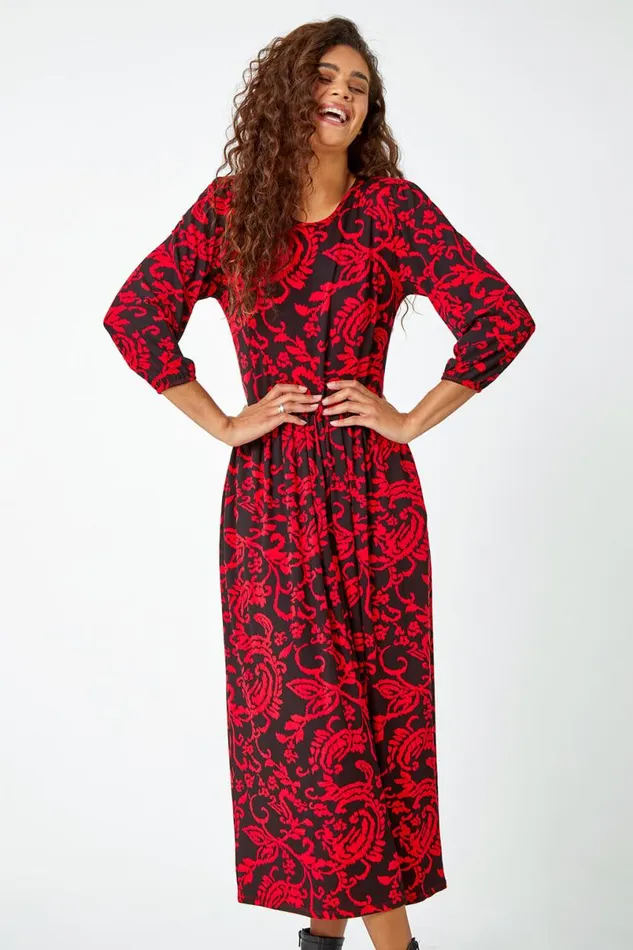 Red Paisley Print Pocket Midi Stretch Dress Women Roman Dresses