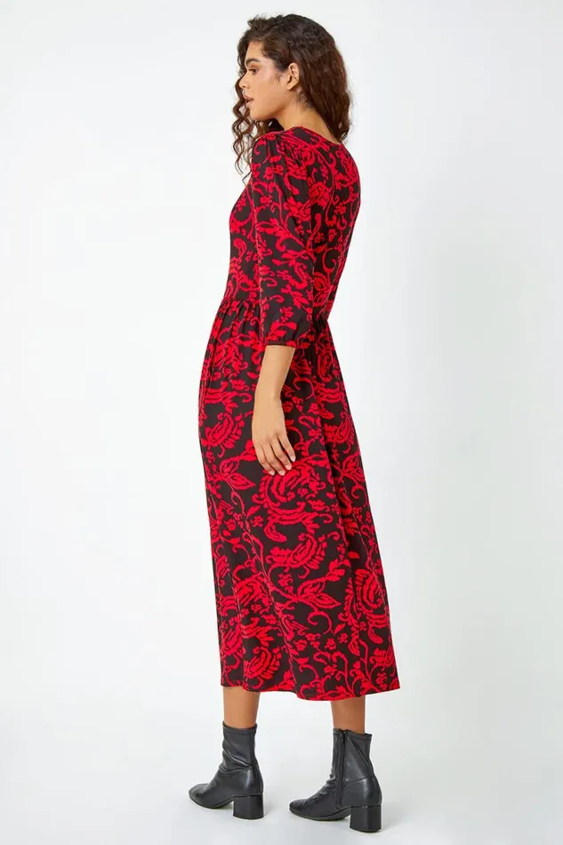 Red Paisley Print Pocket Midi Stretch Dress Women Roman Dresses