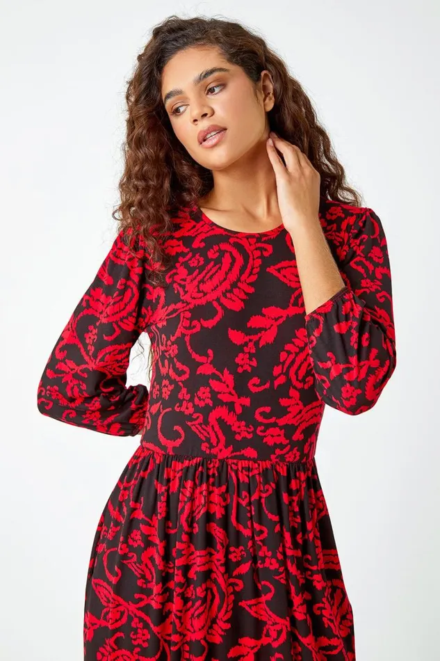 Red Paisley Print Pocket Midi Stretch Dress Women Roman Dresses