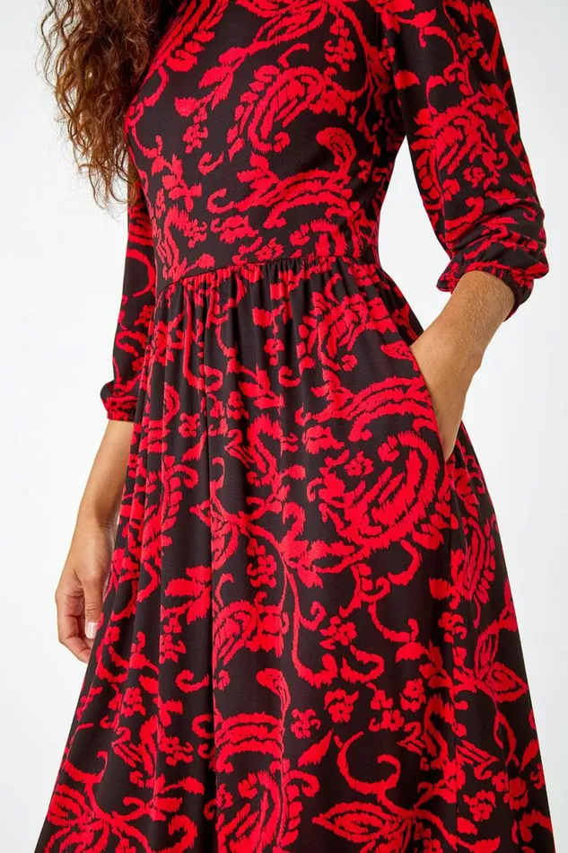 Red Paisley Print Pocket Midi Stretch Dress Women Roman Dresses