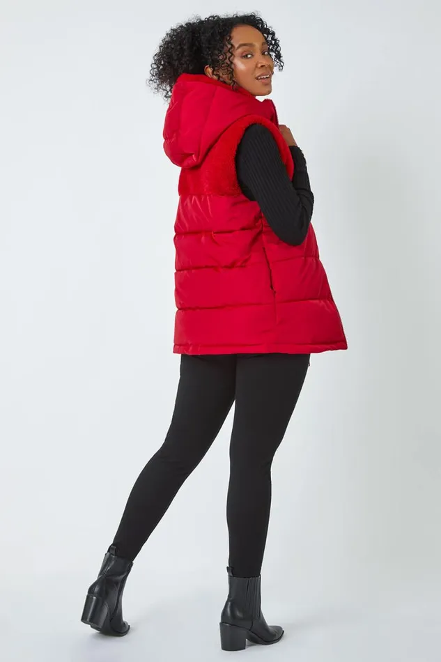 Red Petite Borg Detail Hooded Padded Gilet Women Roman Coats