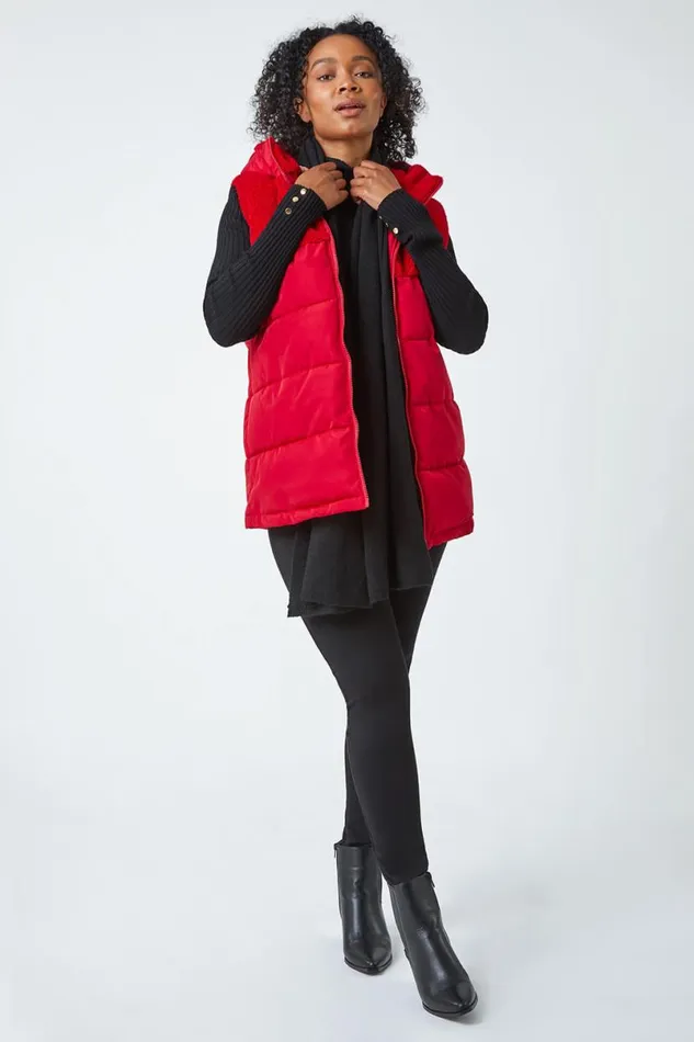 Red Petite Borg Detail Hooded Padded Gilet Women Roman Coats