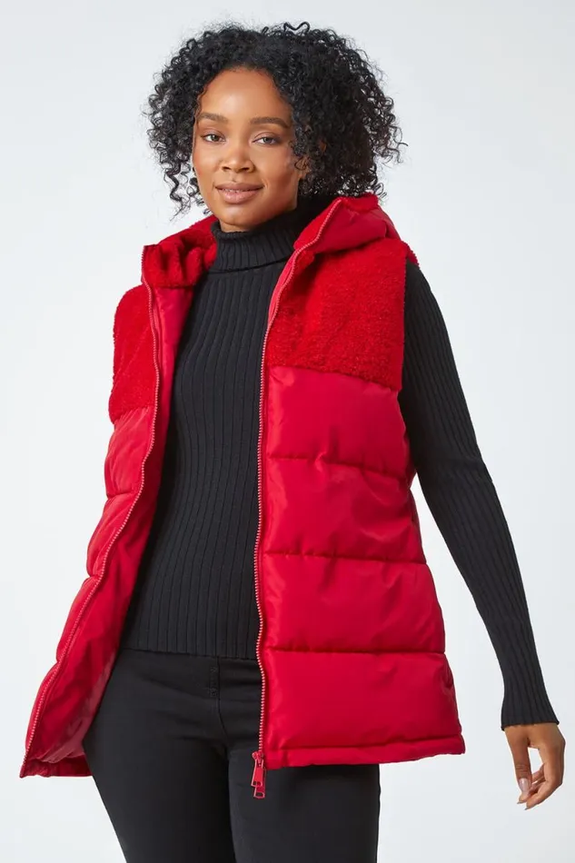 Red Petite Borg Detail Hooded Padded Gilet Women Roman Coats