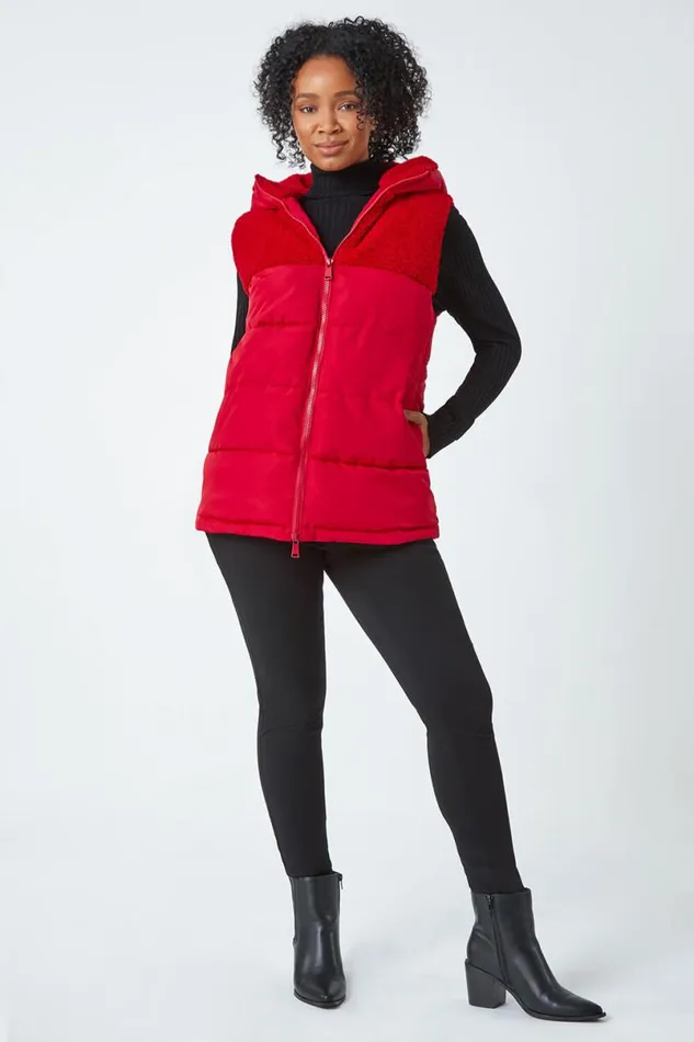 Red Petite Borg Detail Hooded Padded Gilet Women Roman Coats