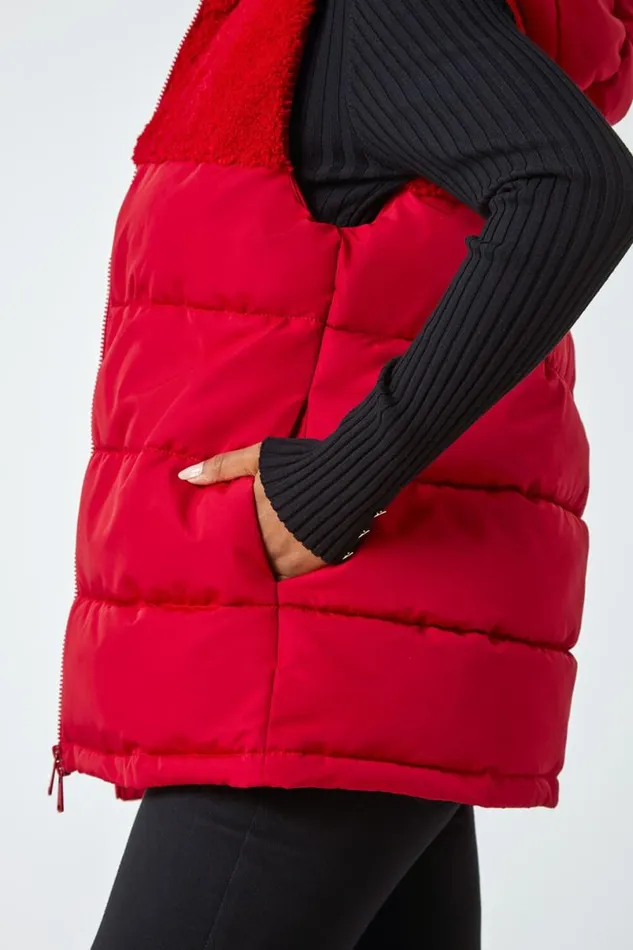 Red Petite Borg Detail Hooded Padded Gilet Women Roman Coats