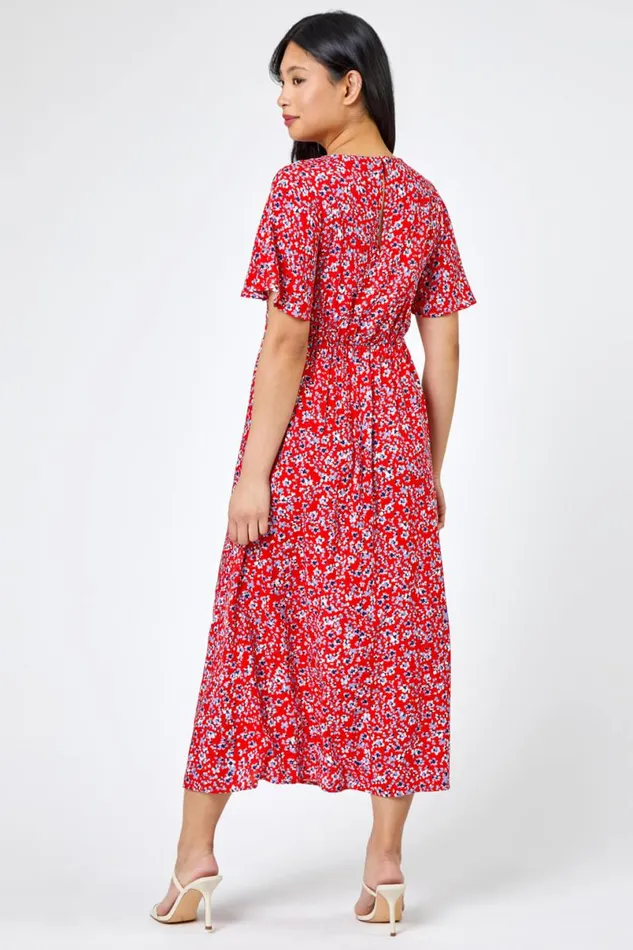 Red Petite Floral Print Flute Sleeve Dress Women Roman Dresses
