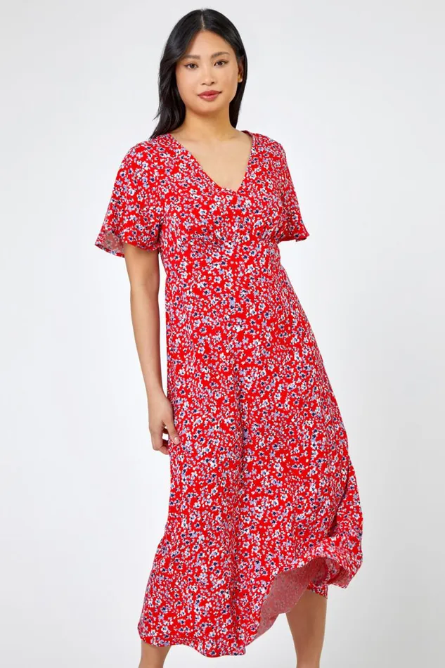 Red Petite Floral Print Flute Sleeve Dress Women Roman Dresses