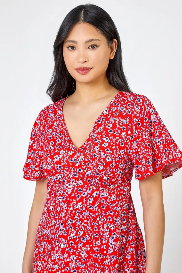 Red Petite Floral Print Flute Sleeve Dress Women Roman Dresses