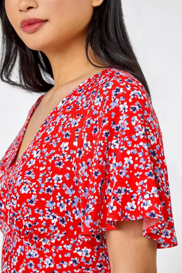 Red Petite Floral Print Flute Sleeve Dress Women Roman Dresses