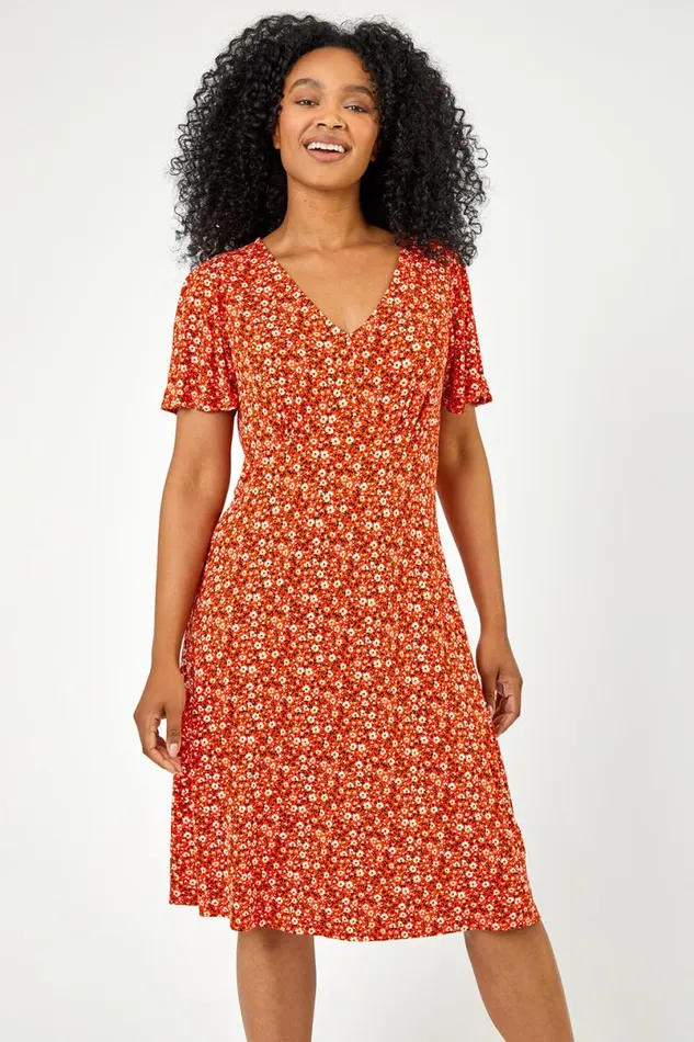Red Petite Floral Print Stretch Jersey Dress Women Roman Dresses
