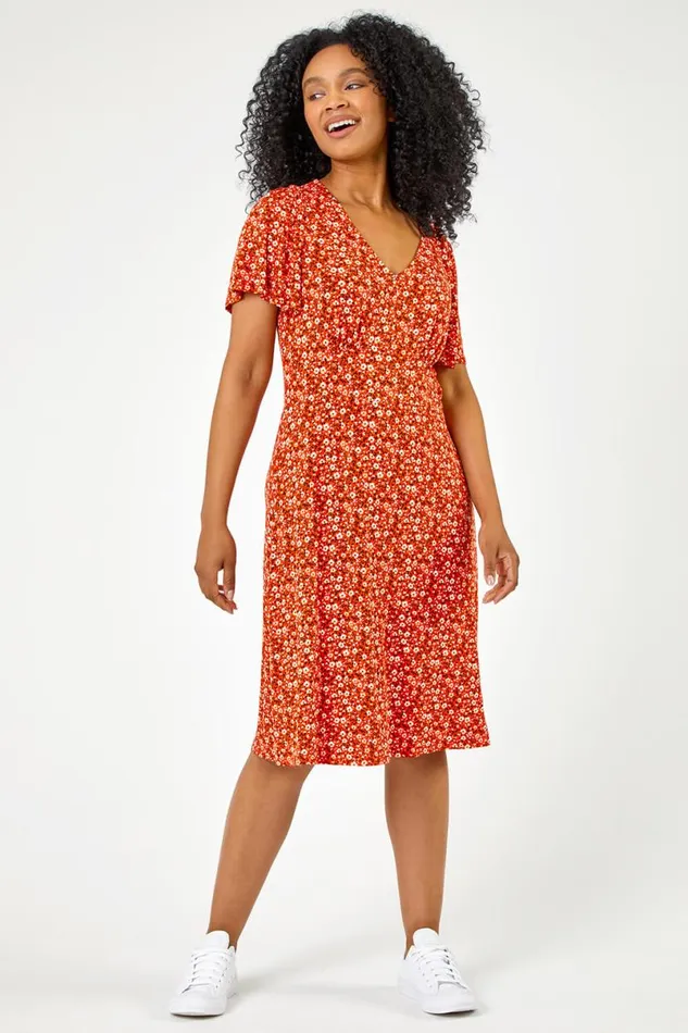 Red Petite Floral Print Stretch Jersey Dress Women Roman Dresses