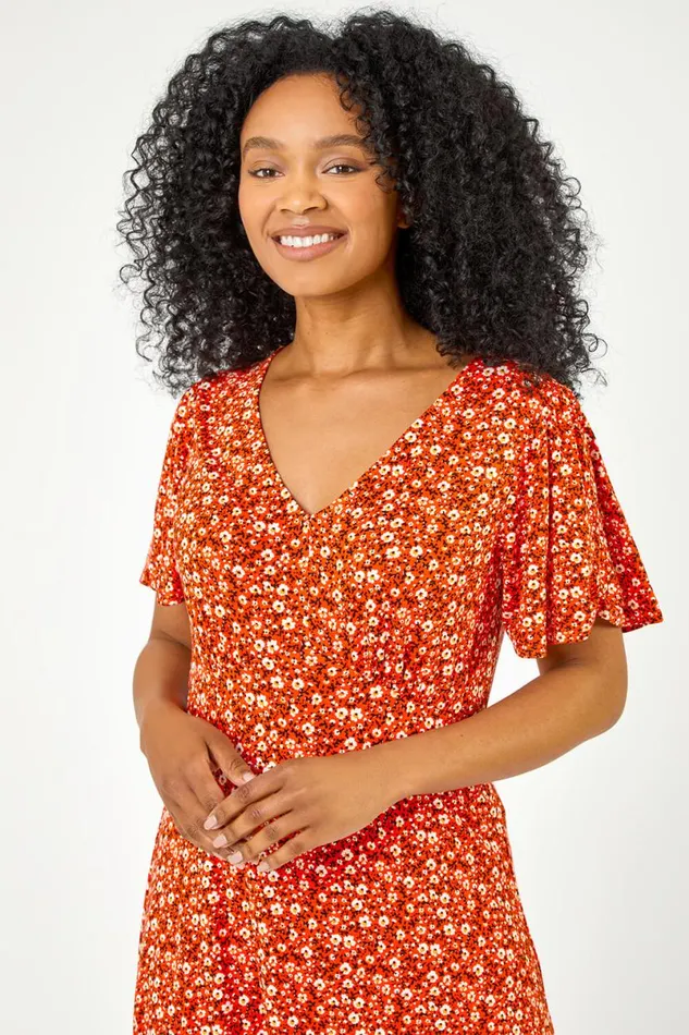 Red Petite Floral Print Stretch Jersey Dress Women Roman Dresses