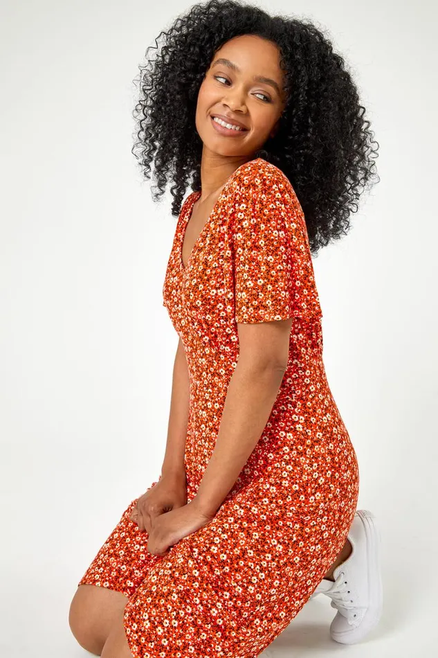 Red Petite Floral Print Stretch Jersey Dress Women Roman Dresses