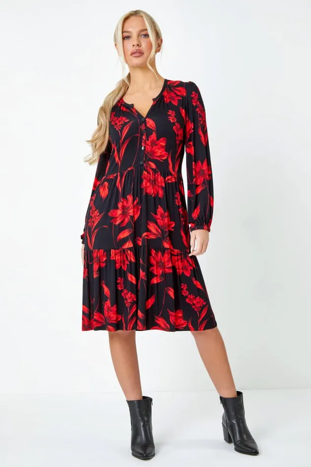 Red Petite Floral Print Tiered Stretch Dress Women Roman Dresses