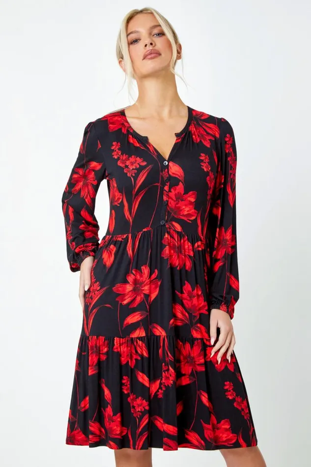 Red Petite Floral Print Tiered Stretch Dress Women Roman Dresses