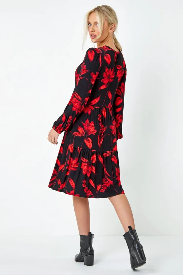 Red Petite Floral Print Tiered Stretch Dress Women Roman Dresses