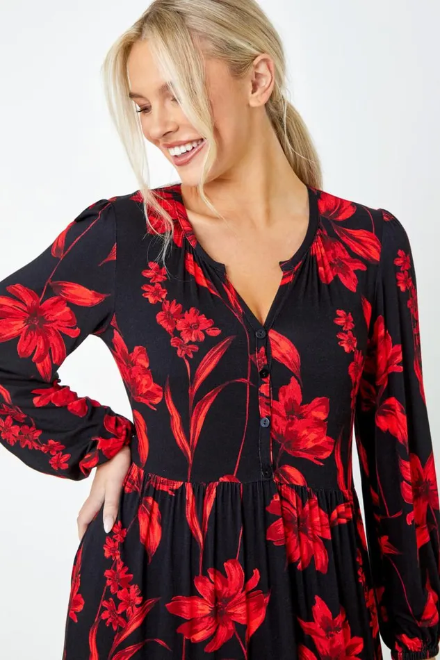 Red Petite Floral Print Tiered Stretch Dress Women Roman Dresses